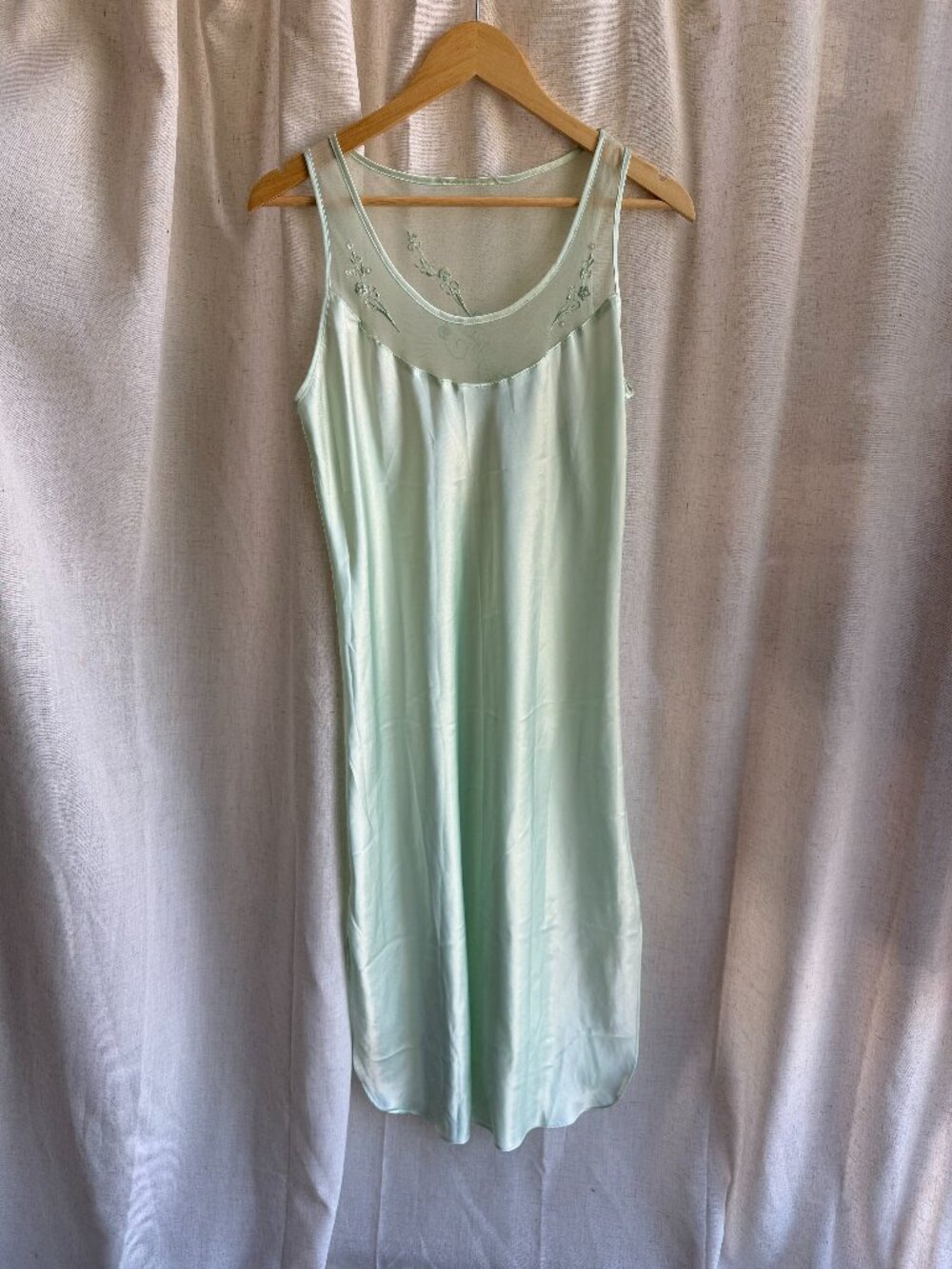Vintage Mint Green Satin Slip Dress With Embroidered Mesh Neckline